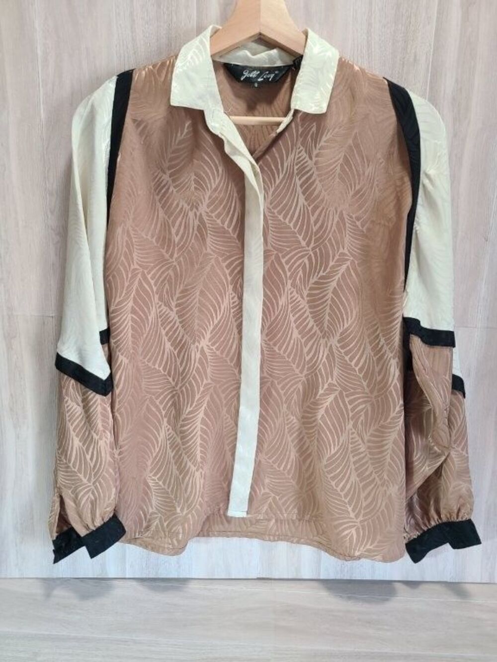 Vintage 80s Jebb Levy Colorblock Geometric Blouse Leaf Jacquard Size 6